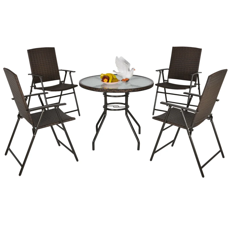 Outsunny Rattan Wicker Patio  Bar Chair Set UV Resistant Garden Furniture Set Outdoor & Indoor w/ Glass & Umbrella Hole Table, Brown