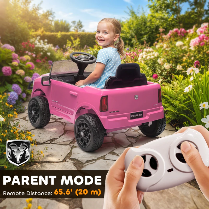 Qaba 12V Ride on Car, Licensed Dodge RAM 3500 Electric Vehicle with Remote Control, Suspension for 3-5 Years, Pink