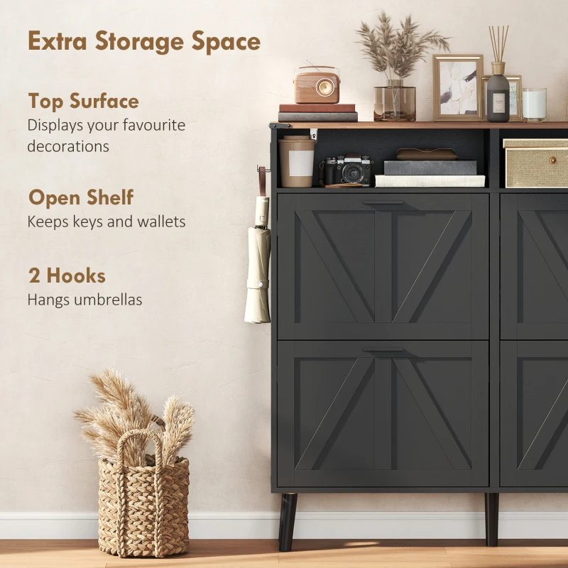 HOMCOM Shoe Storage Cabinet with 4 Flip Drawers, Farmhouse Narrow Shoe Cabinet, Holds Up to 24 Pairs, Black