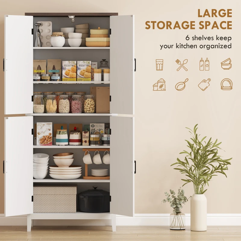 HOMCOM 70" Tall Kitchen Storage Cabinet Modern Farmhouse Pantry Cabinet with 4 Chevron Doors and 4 Adjustable Shelves, White