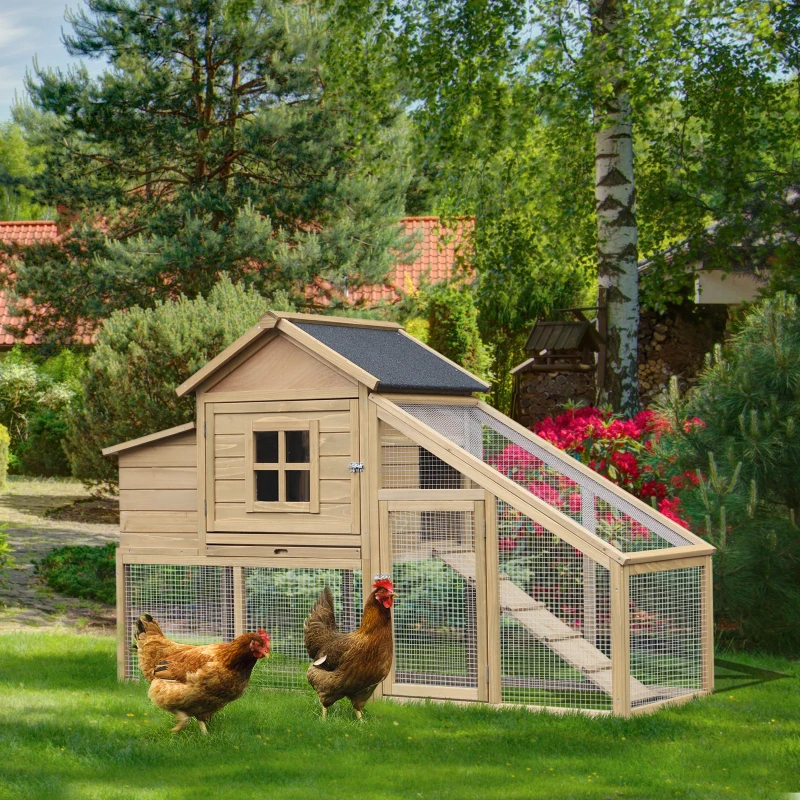 PawHut 69" Wooden Chicken Coop, Poultry Cage Hen House with Connecting Ramp, Removable Tray, Ventilated Window and Nesting Box, Natural