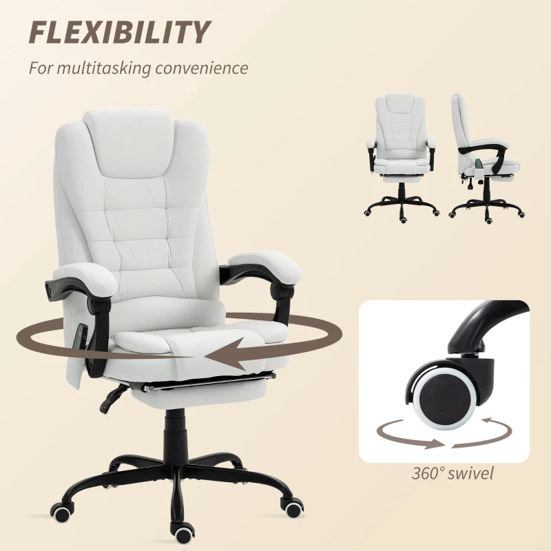 Vinsetto 7-Point Vibrating Massage Chair, Reclining Office Chair with Footrest, Reclining Back, Adjustable Height, White