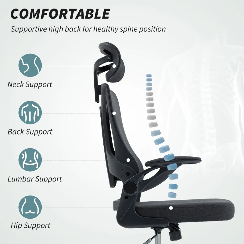 HOMCOM Ergonomic Office Chair, Swivel Desk Chair with Adjustable Lumbar Support, Headrest and Height, Flip-up Armrests, Black