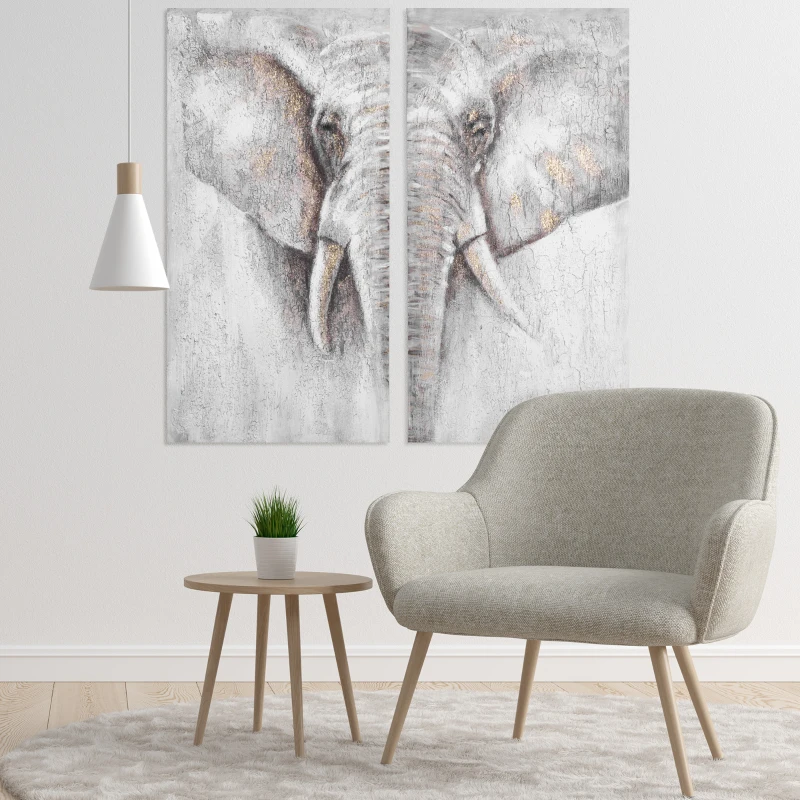 HOMCOM 2 Panel Elephant Art Hand-Painted Canvas Animal Wall Art Painting with Heavy Texture, for Living Room Bedroom Decor Grey, 47.25" x 47.25"
