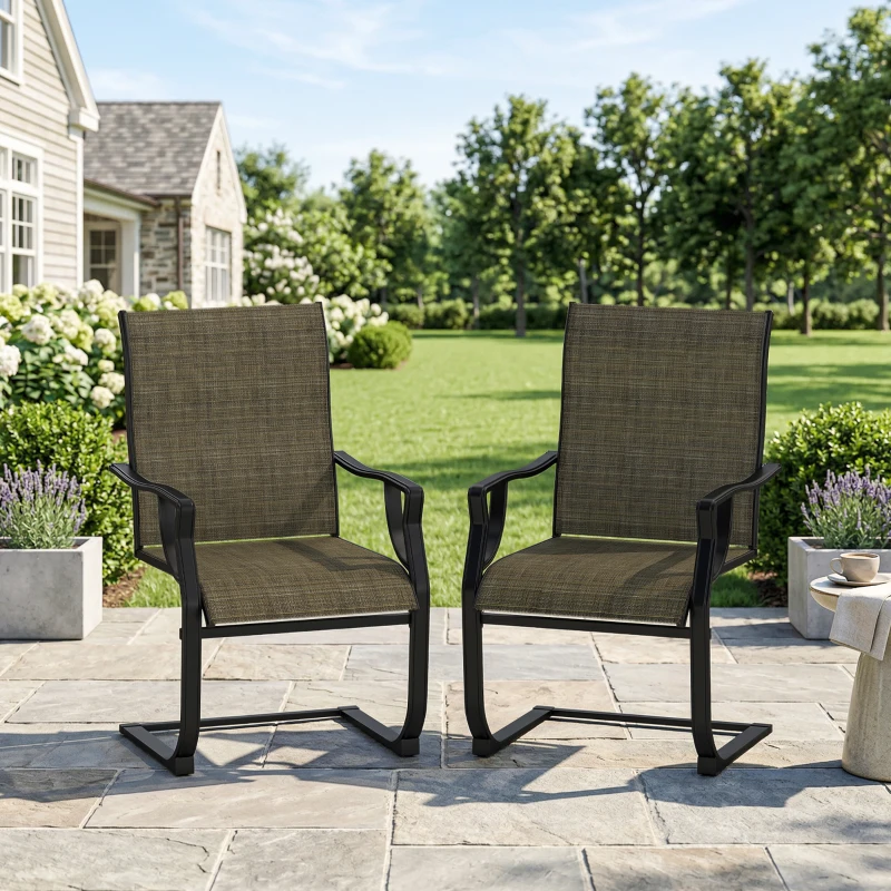 Outsunny C Spring Motion Patio Chairs Set of 2 with Curved High Backrest, Armrest, All Weather Breathable Fabric, Metal Frame