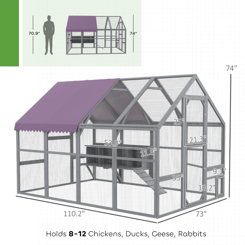PawHut 9.2' x 6.1' Large Chicken Coop with Nesting Box, Water-Resistant and Anti-UV Cover for 8-12 Chickens, Gray