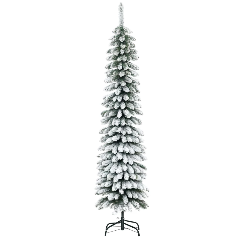 HOMCOM 6 Ft Snow-Flocked Artificial Christmas Tree, Slim Pencil Xmas Tree with Realistic Branches, Metal Base, Green