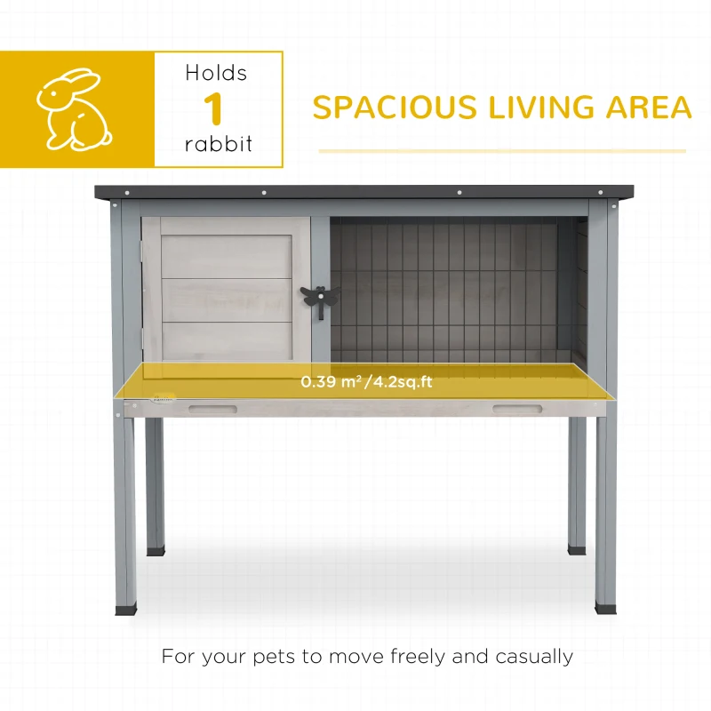 PawHut Wooden Rabbit Hutch with Openable Asphalt Roof, Tray, Light Grey