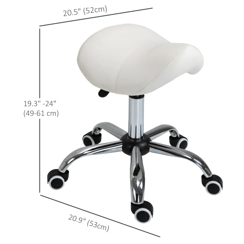 HOMCOM Ergonomic Salon Stool with Wheels, Adjustable PU Leather Saddle Chair, 360° Swivel, Healthy Posture, Saddle Chair for Massage Home Office, Cream White