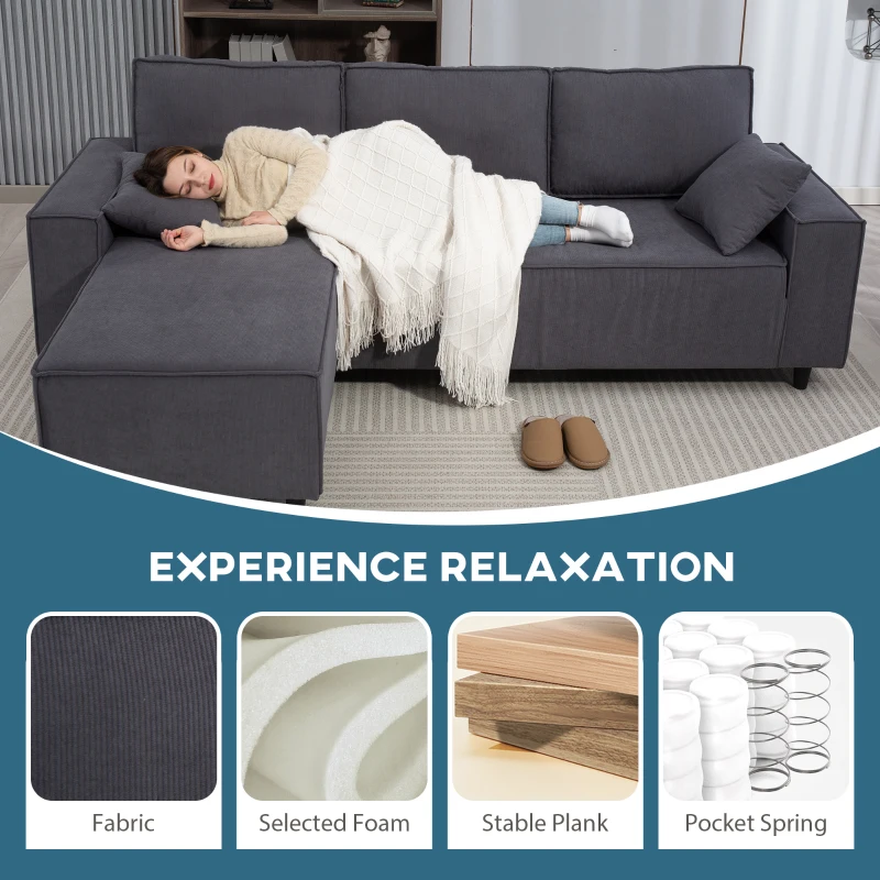 HOMCOM Corner Sofa with Changeable Chaise, Corduroy L-Shaped Sectional Sofa with Pocket Spring, 2 Pillows, Charcoal Grey