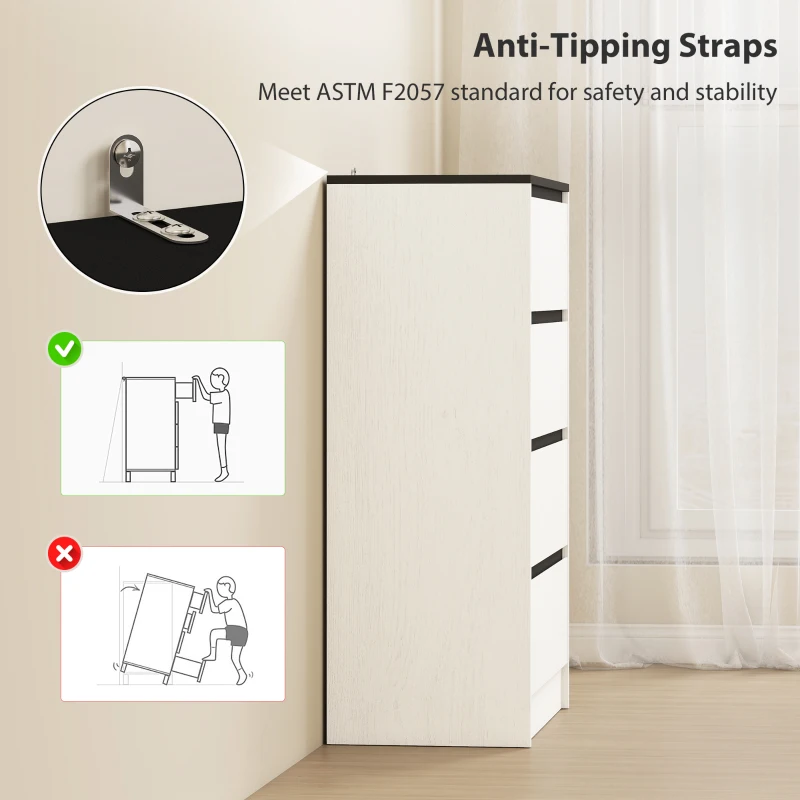 HOMCOM Tall Chest of Drawers, 4 Drawer Dresser for Bedroom, Living Room, Hallway, Modern Storage Cabinet, White Wood Effect