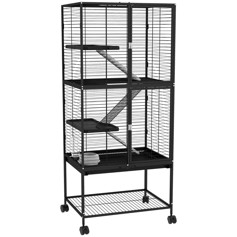 PawHut Rolling Small Animal Cage 53.5"H Chinchilla Cage for Ferrets, Squirrels w/ Removable Tray, Storage Shelf, Black