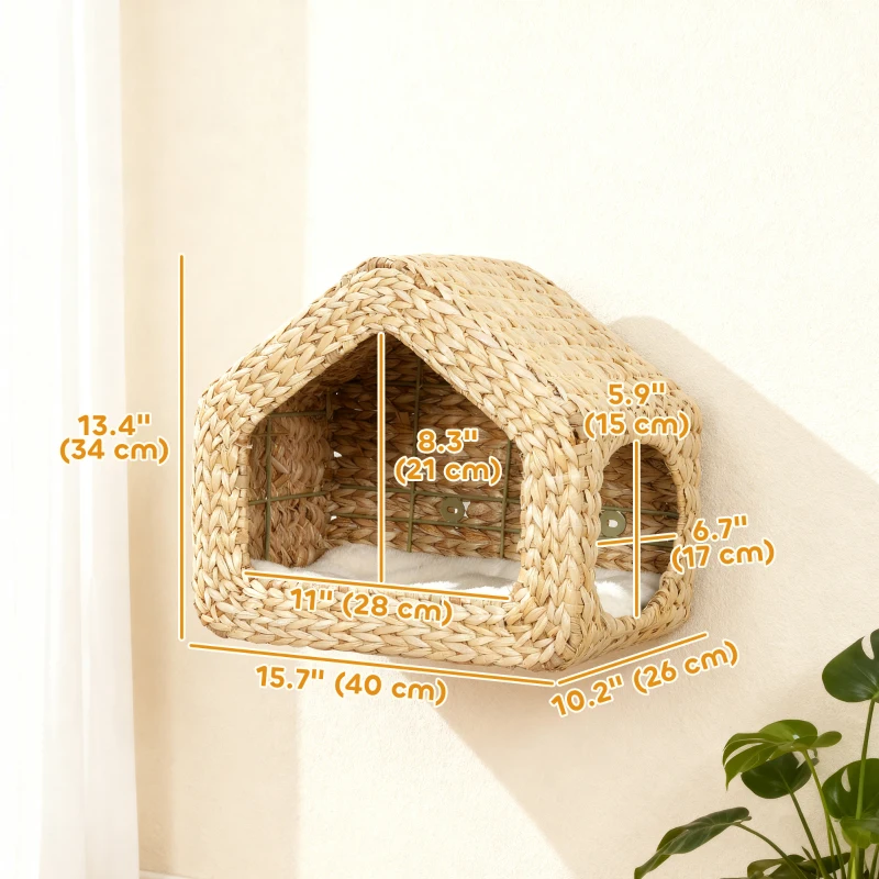PawHut Cat Wall Shelf, Wall Mounted Cat House with Washable Cushion, Kitty Shelf Furniture for Indoor Kittens, Natural