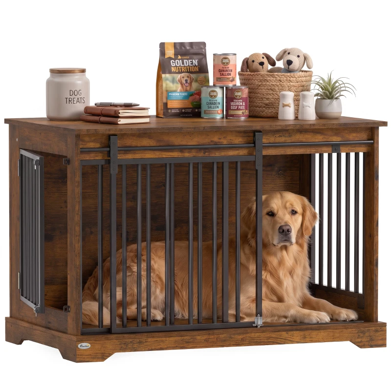 PawHut 100 cm Dog Crate Furniture with Sliding Barn Door for Large Breeds, Rustic Brown