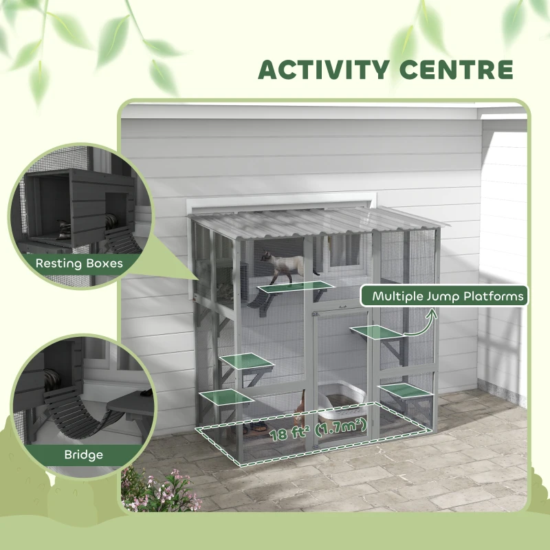 PawHut Large Outdoor Catio with Weatherproof Roof, Bridge, Resting Box, Platforms, Grey