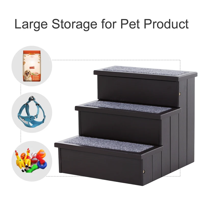 PawHut 3 Step Wooden Carpeted Non Slip Pet Stairs Ramp for Cats and Small Dogs - Brown