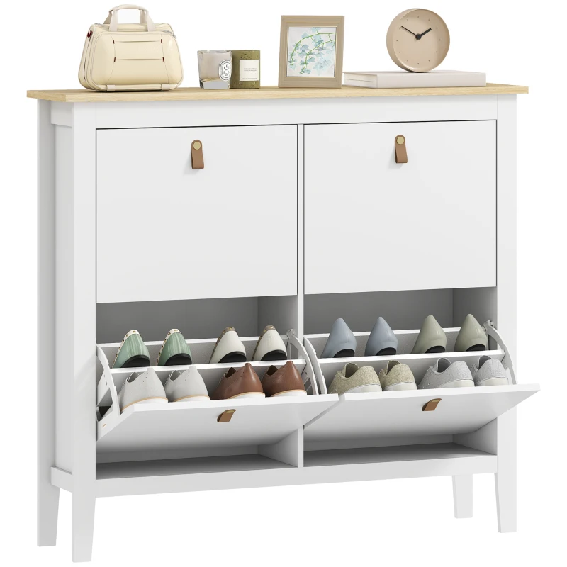HOMCOM Narrow Shoe Cabinet with 4 Flip Drawers, Adjustable Shelves for Entryway, Holds 12-20 Pairs, White