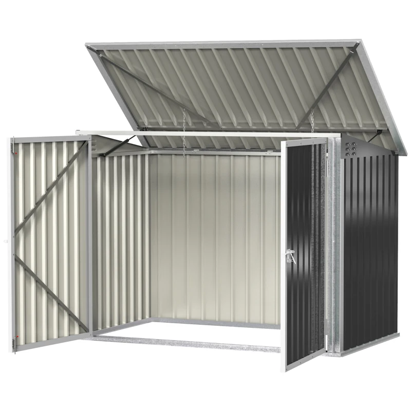 Outsunny Outdoor Metal Storage Shed Garden Garbage Can Organizer with Double Door and Vents for 2 Trash Cans, Dark Grey