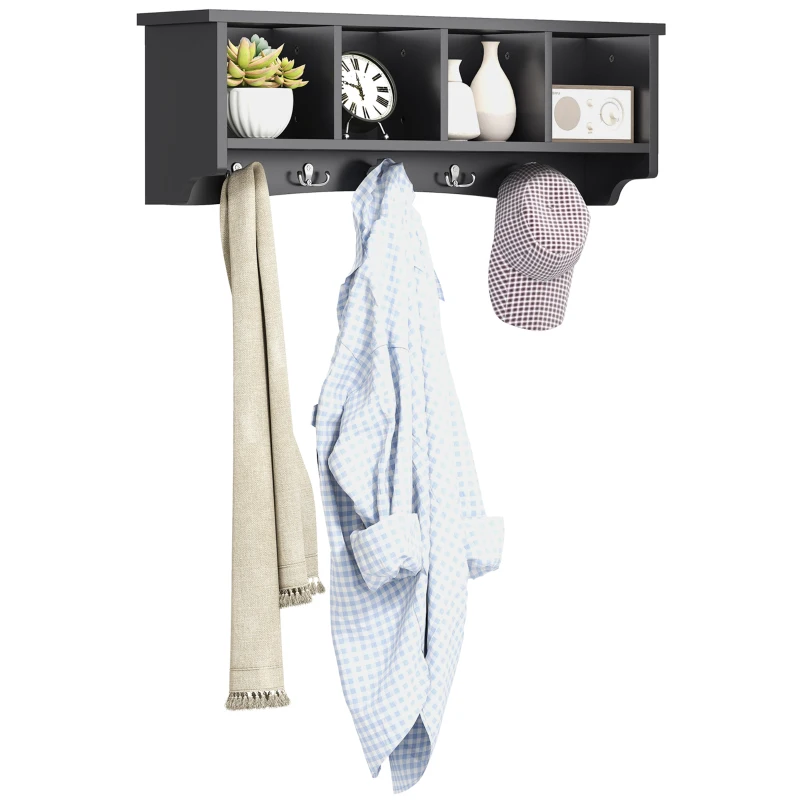 HOMCOM Coat Rack Wall Mount with Shelf, 28" Wall Coat Rack with 5 Hooks and 4 Compartments for Living Room, Entryway, Black