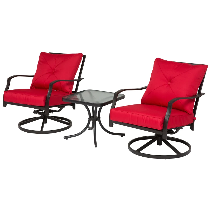 Outsunny 3pcs Outdoor 360° Swivel Metal Rocking Chair with Toughened Glass Coffee Table Set Garden Rocker & Tea Table Set w/ Cushion Red