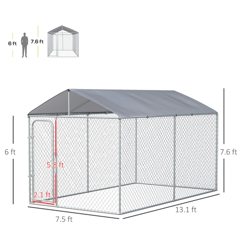 PawHut 13' x 7.5' x 7.5' Dog Kennel, Outdoor Dog Run with Waterproof, UV Resistant Roof, Lockable Door for Large-Sized Dogs, Silver