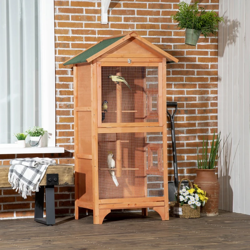 PawHut Wooden Bird Aviary Parrot Cage Pet Furniture with Removable Bottom Tray, 2 Doors, Asphalt Roof, 4 Perches, Orange