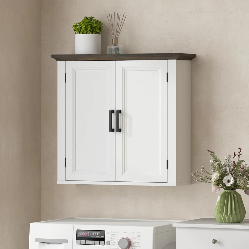 HOMCOM Bathroom Wall Cabinet, Farmhouse Medicine Cabinet Wall Mounted with 2 Doors and Adjustable Shelf, White