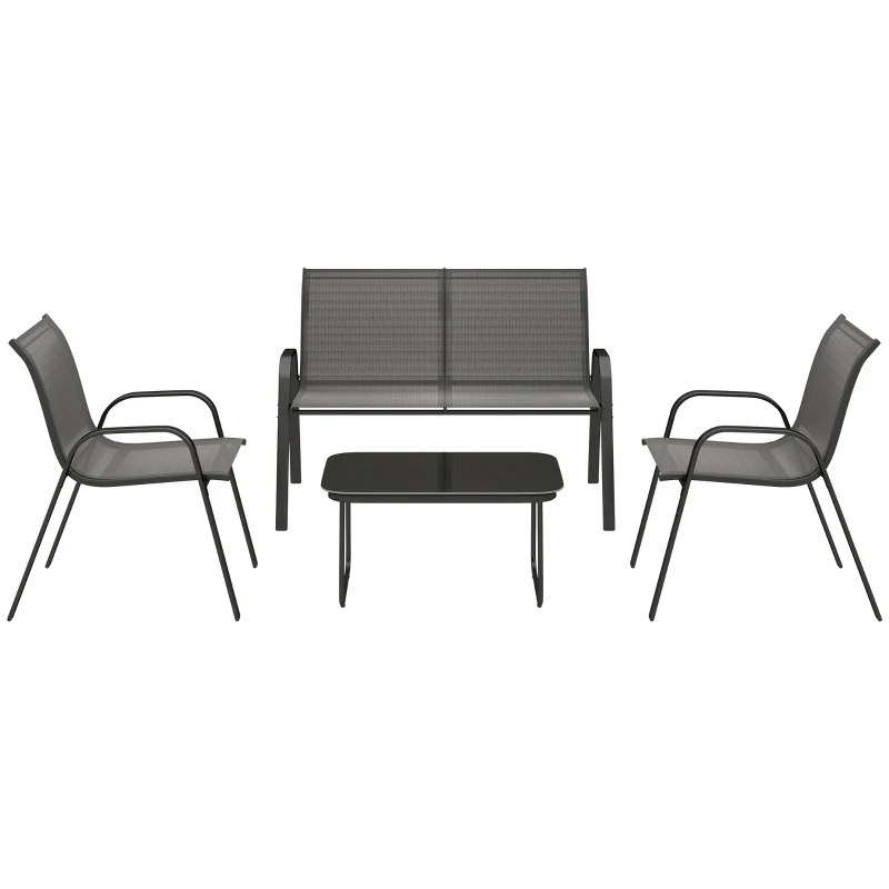 Outsunny 4 Pieces Outdoor Furniture Set with 2 Stackable Chairs, Loveseat, Patio Conversation Set with Glass Coffee Table, Black