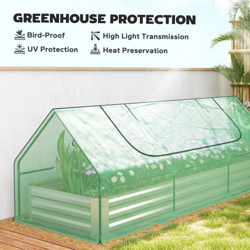 Outsunny 8.6 x 3 x 1ft Raised Garden Bed with Mini Greenhouse, Galvanized Raised Garden Bed with Cover for Herbs and Vegetables, Small Greenhouse for Patio Garden Balcony, Green