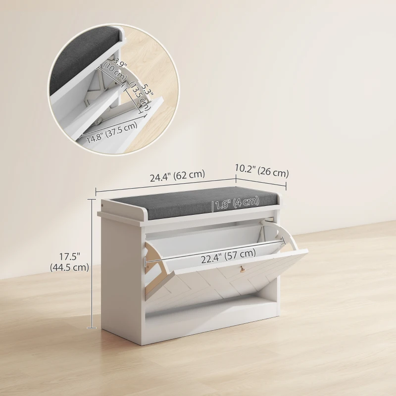 HOMCOM Shoe Storage with Seat, Upholstered Hallway Bench, Shoe Bench with Flip Drawer, Adjustable Shelf for 4-6 Pairs of Shoes