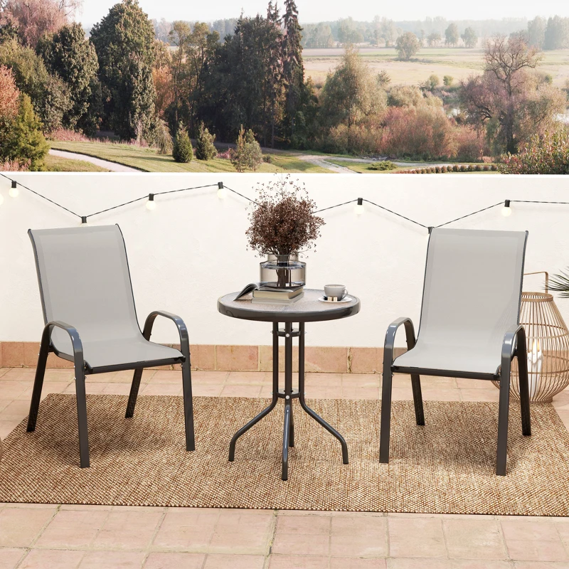 Outsunny 3 Pieces Bistro Set, Small Patio Furniture Set with Stackable Mesh Chairs, Glass Table for Garden, Balcony, Light Grey