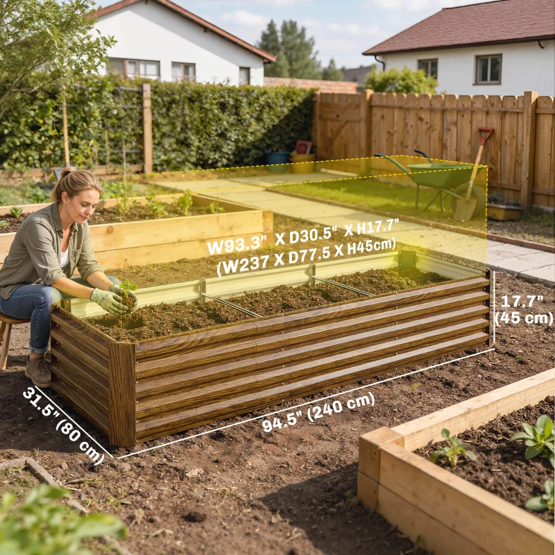 Outsunny 8'x2.6'x1.5' Galvanized Raised Bed, Large Elevated Planter Box for Growing Flowers, Herbs and Vegetables, Wood Effect