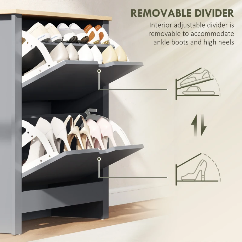HOMCOM Shoe Storage Cabinet with 2 Flip Drawers and Adjustable Shelves for 8–12 Pairs of Shoes, Dark Grey