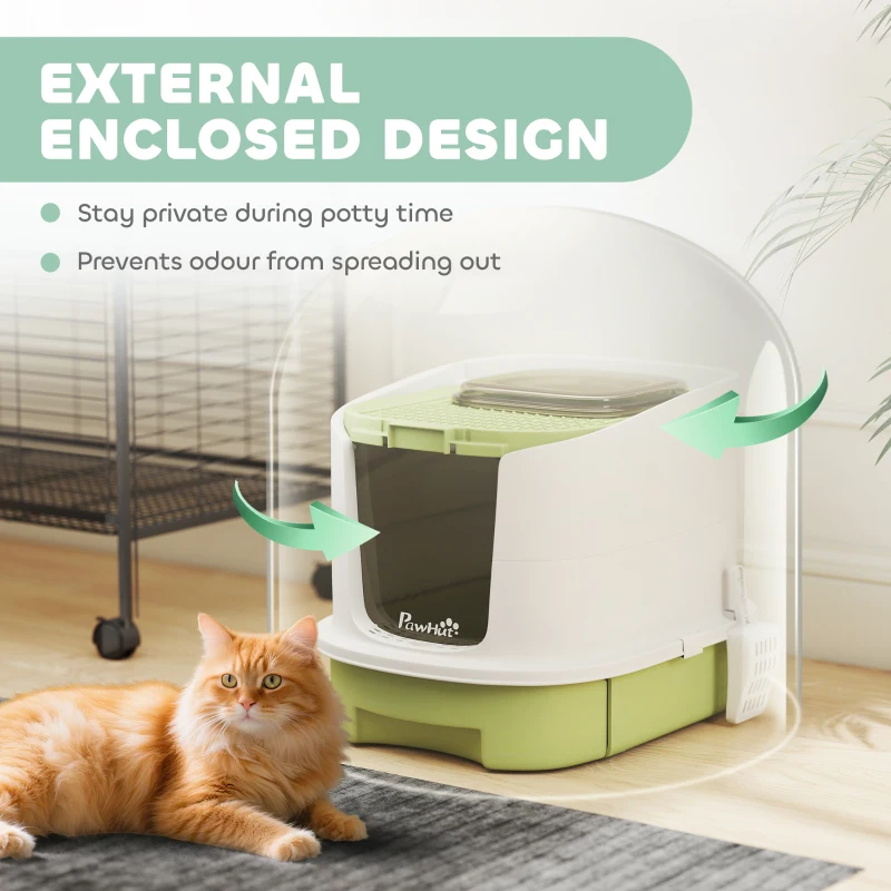 PawHut Enclosed Cat Litter Box with Lid, Scoop, Top Entry, Deodorization Bags, Drawer Type Cat Litter Tray, Easy to Clean, Green
