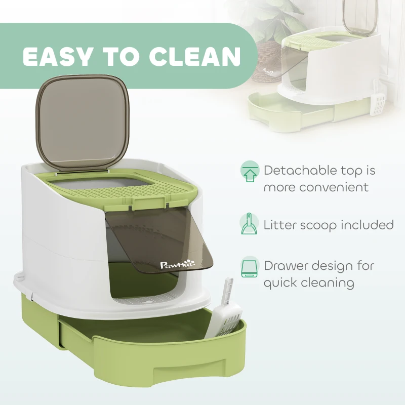 PawHut Enclosed Cat Litter Box with Lid, Scoop, Top Entry, Deodorization Bags, Drawer Type Cat Litter Tray, Easy to Clean, Green