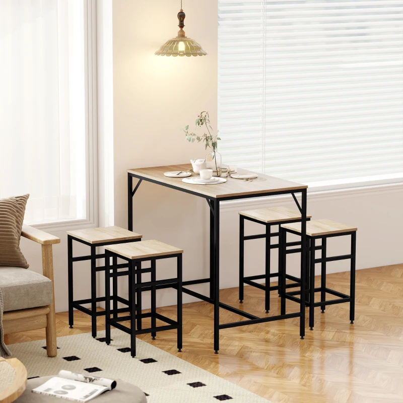 HOMCOM 5 Pieces Industrial Rectangular Bar Table Set, Dining Table Set Breakfast Table with 4 Stools for Dining Room, Kitchen, Dinette, Oak