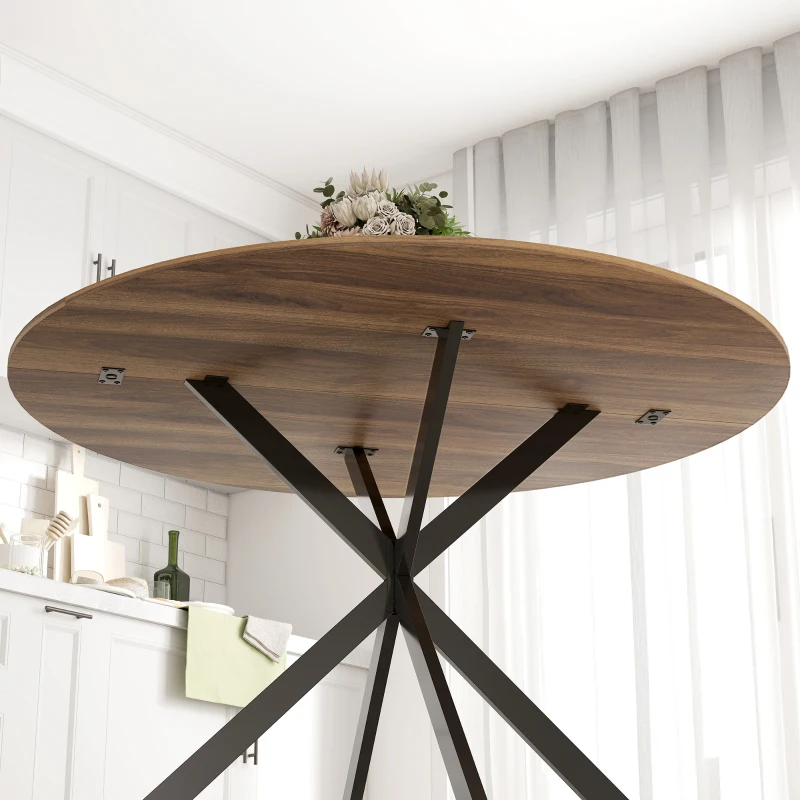 HOMCOM 47" Round Kitchen Table for 4, Industrial Dining Table with Steel Legs for Dining Room, Dark Brown and Black