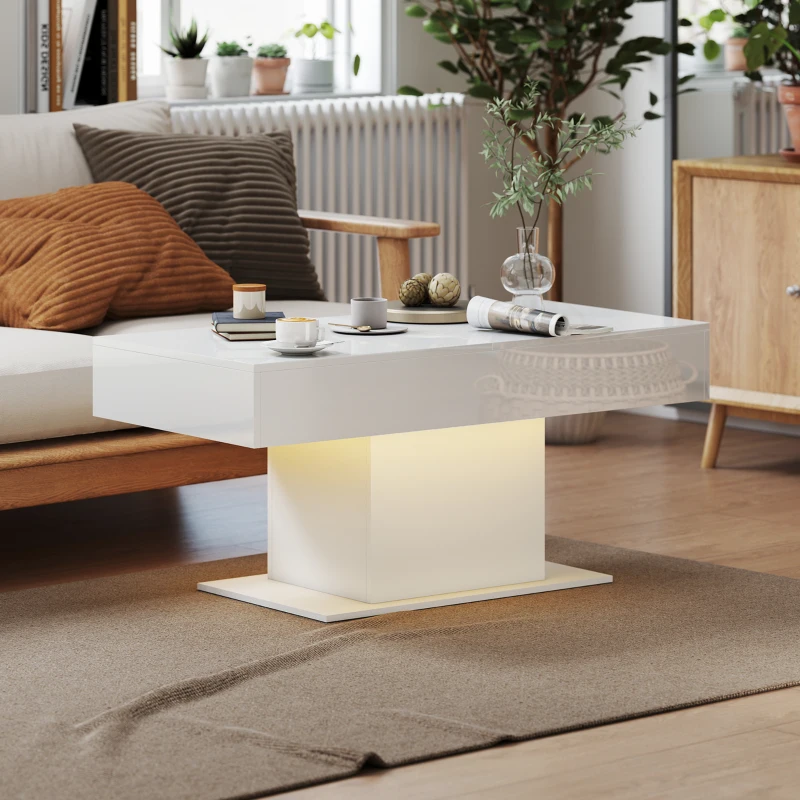 HOMCOM Extendable Coffee Table with LED Lights, Modern High Gloss Center Table with Hidden Storage for Living Room, White