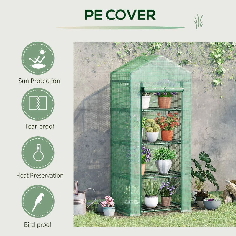 Outsunny Portable Greenhouse, Outdoor Hot House Plant Flower Greenhouse with 4 Tier Shelves, Steel Frame, PE Cover, Dark Green