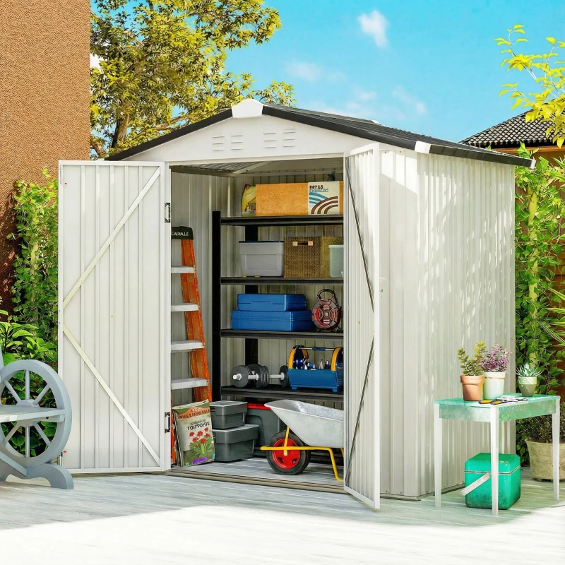 Outsunny 6.5' x 4'  Outdoor Storage Shed, Metal Garden Shed with Lockable Double Doors, 4 Vents, Silver-White