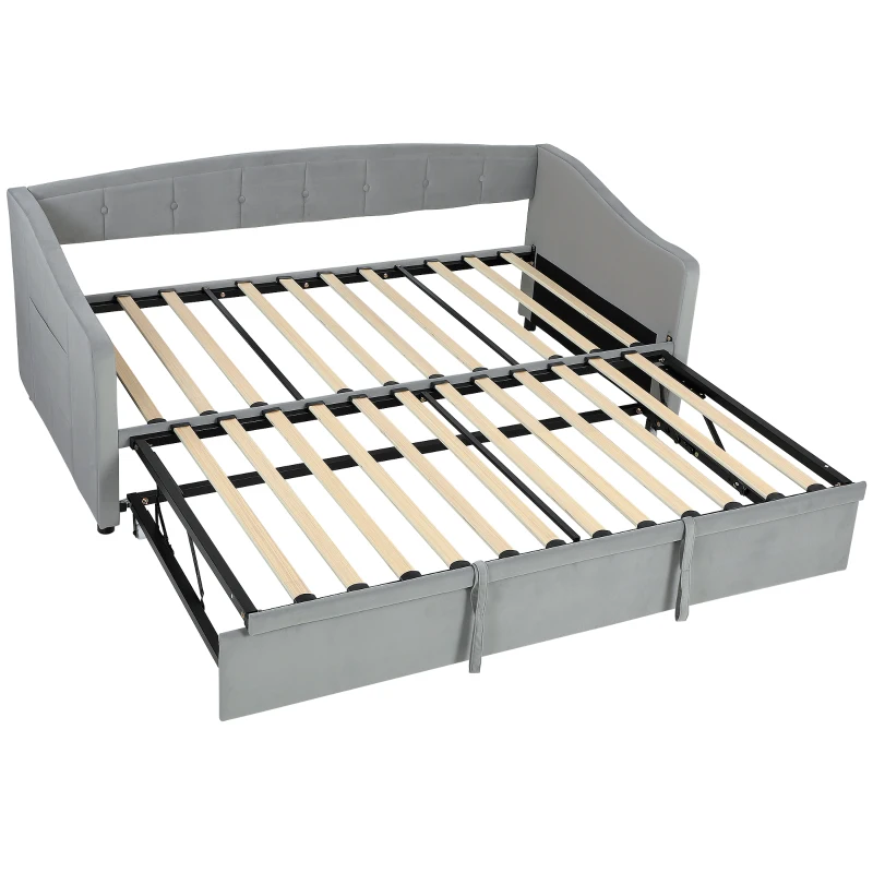 HOMCOM Upholstered Twin Size Trundle Bed, Velvet Twin to King Day Bed with Pop Up Trundle, Headboard and 2 Pockets, Light Grey