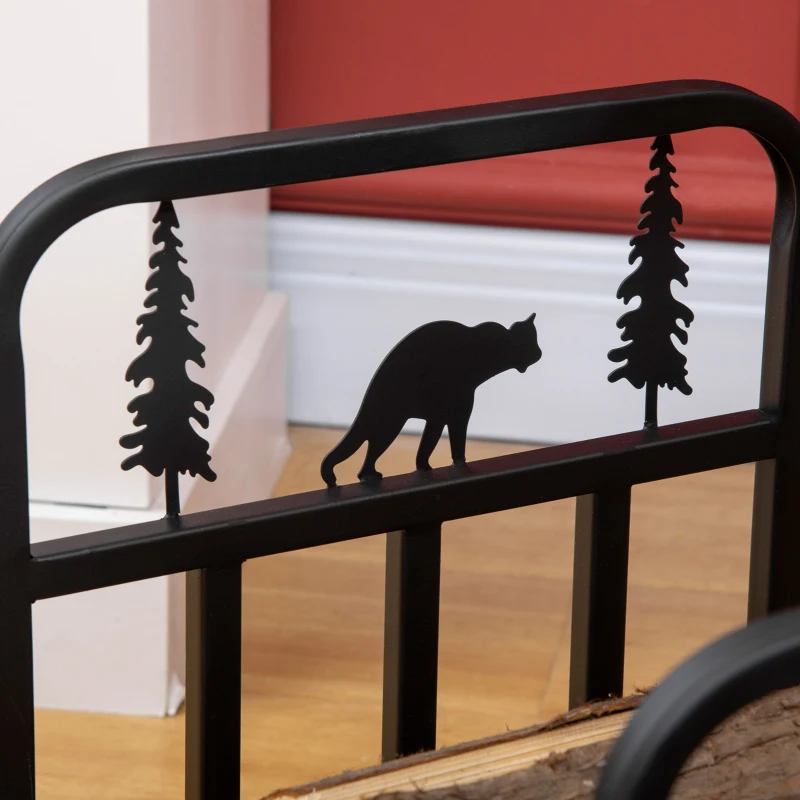 Outsunny Curved Firewood Rack with Bear and Pine Tree Design, 17 Inch Log Holder Storage Rack with 110 lbs. Capacity, Black