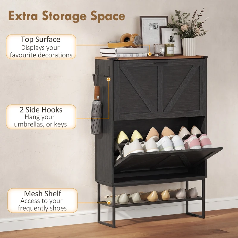 HOMCOM Narrow Shoe Storage Cabinet with 2 Flip Drawers, Slim Shoe Cabinet for 15-20 Pairs, Black Wood Grain