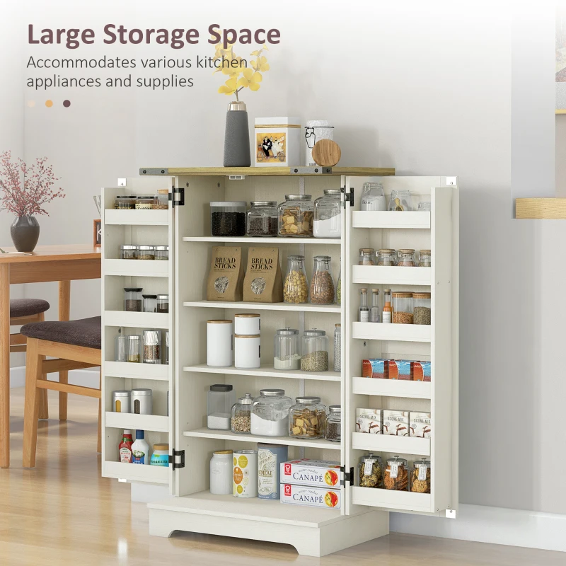 HOMCOM Farmhouse Kitchen Pantry Storage Cabinet, Kitchen Pantry Cabinet with Doors and Adjustable Shelves, Cream White
