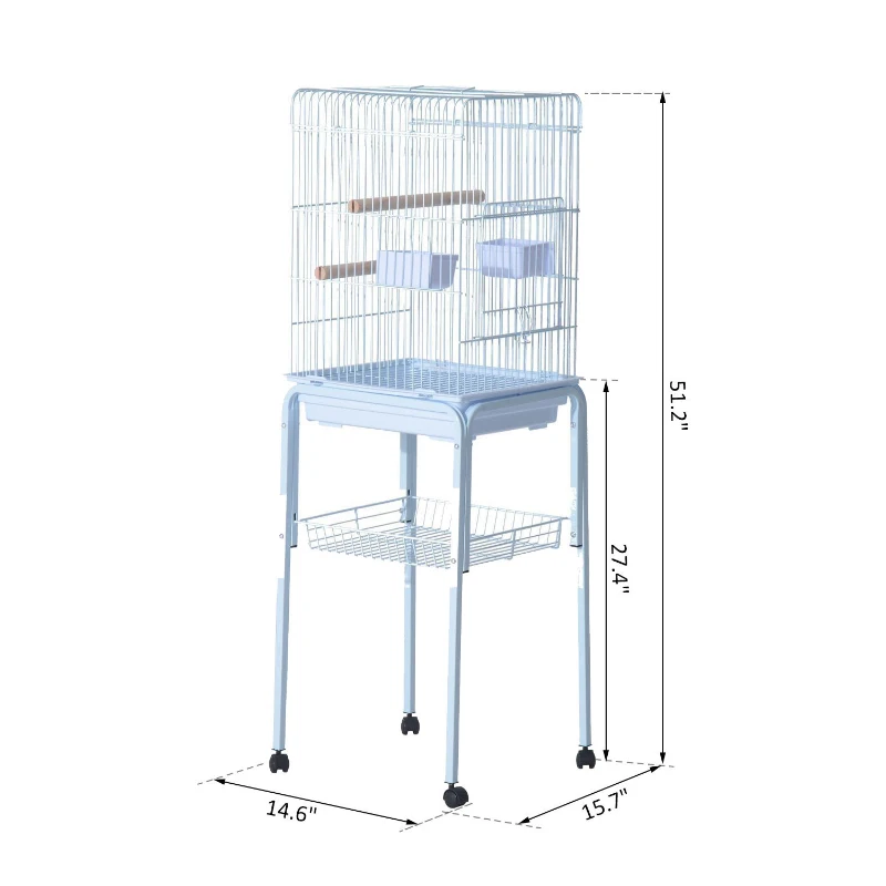 PawHut 44.5" Metal Indoor Bird Cage Starter Kit With Detachable Rolling Stand, Storage Basket, And Accessories - White
