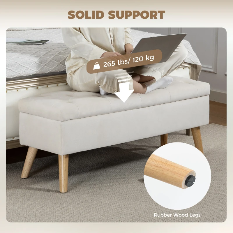HOMCOM Storage Ottoman with Lid, Velvet Upholstered Storage Bench with Wood Legs for Living Room, Cream White