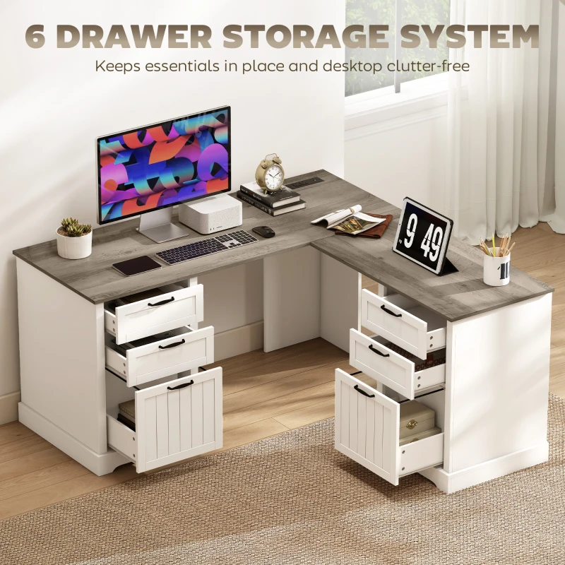 HOMCOM L Shaped Computer Desk with Power Outlets & USB Charging, Corner Desk with 6 Drawers, Hanging Bar, Brown and White
