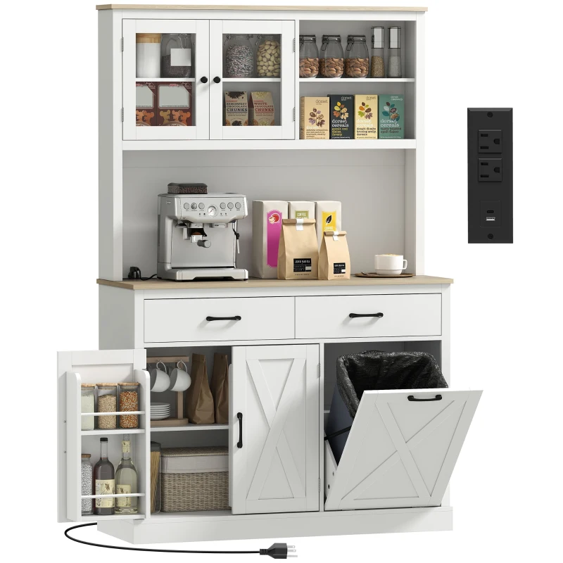 HOMCOM 69" Kitchen Pantry Cabinet with Charging Station Kitchen Cabinet with Microwave Stand 7 Gallon Trash Can Cabinet White