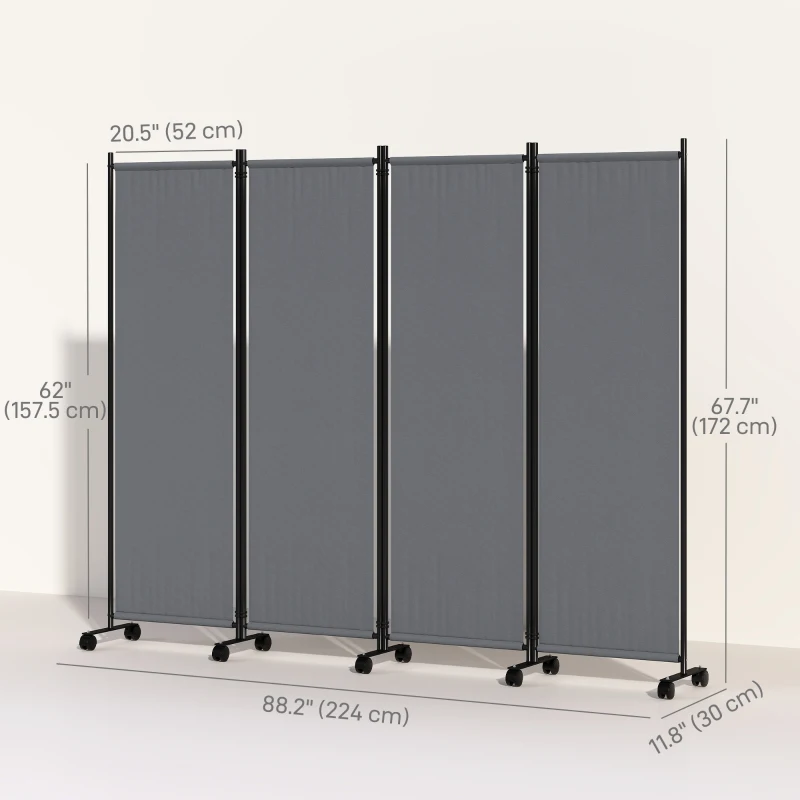 Outsunny Folding Room Divider with Castor Wheels, Rolling Privacy Screen for Home Office Bedroom, 5.6ft Tall