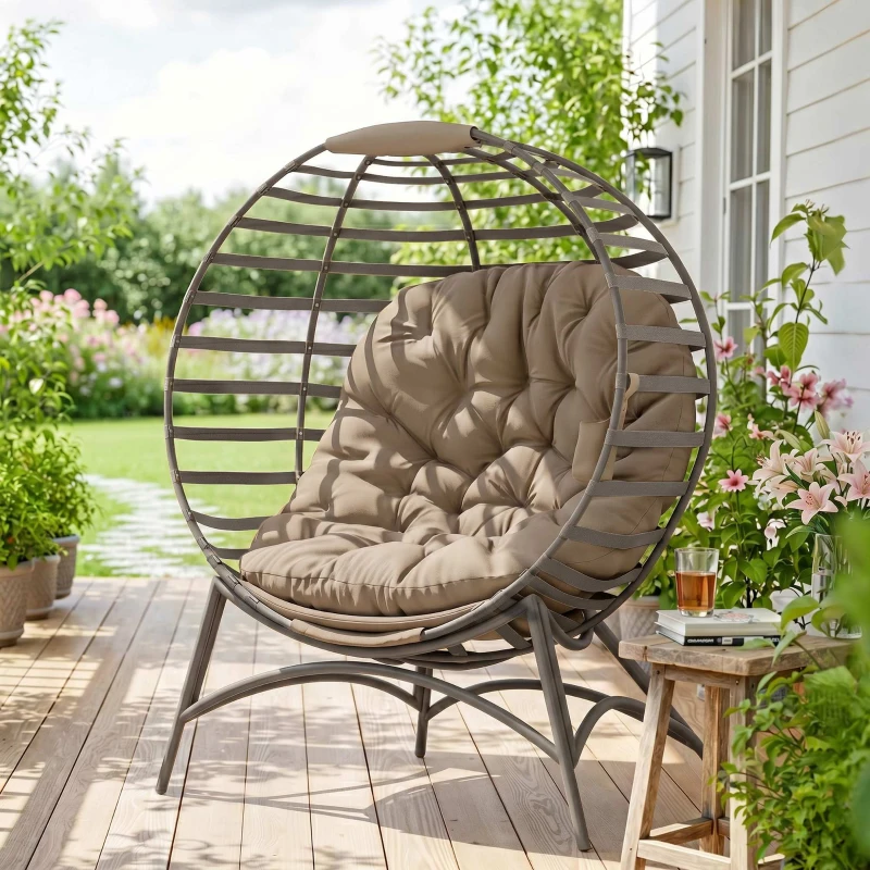 Outsunny Egg Chair, Patio Lounge Chair, Foldable Basket Chair with Large Seat Cushion, Side Pocket, Sand